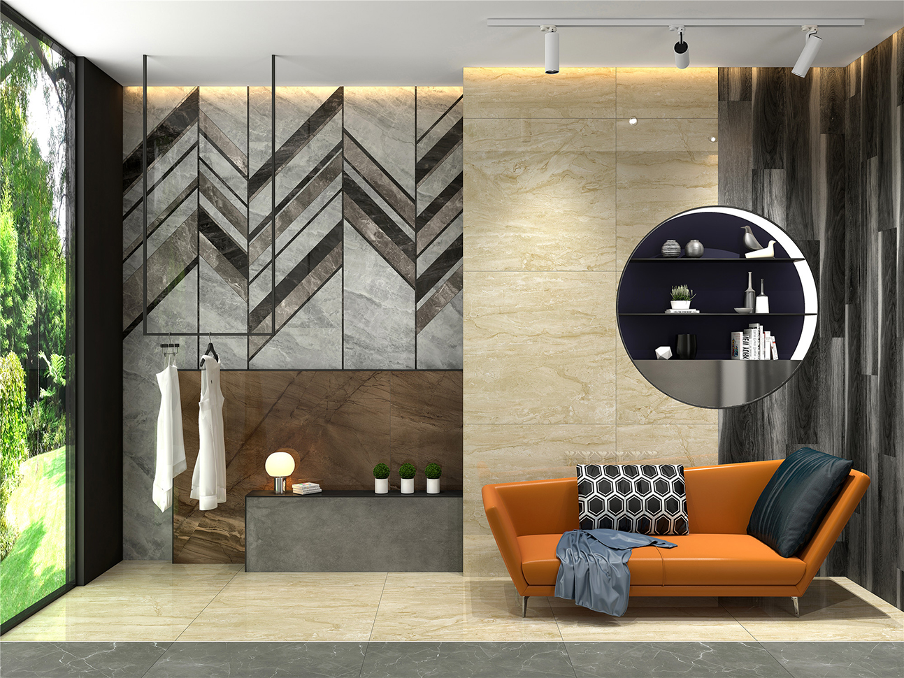 大理石瓷砖安塔娜米黄IPGS90071客餐厅空间效果图